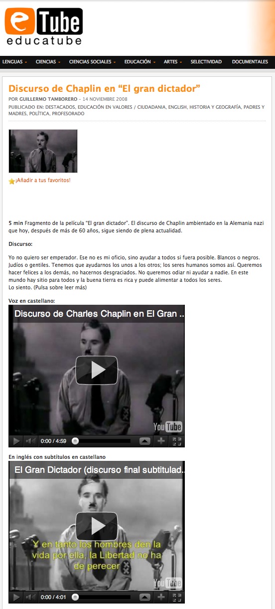 Video: Discurso de Chaplin en "El gran dictador" | Recurso educativo 39761