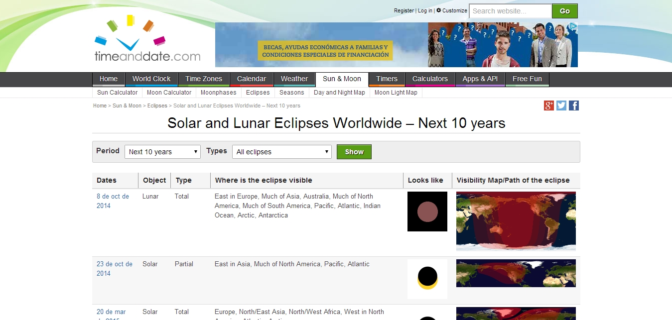 Solar and Lunar Eclipses Worldwide. Next 10 years